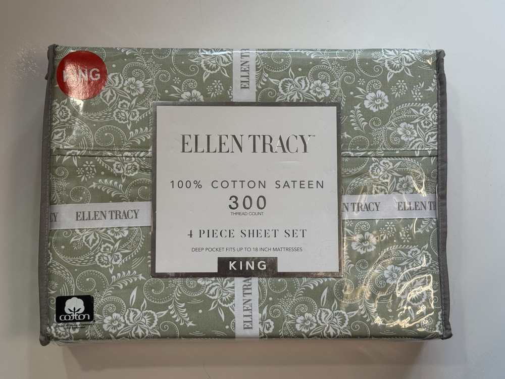 Ellen Tracy 100% Cotton Sateen 4PC KING Sheet Set Green White Floral Paisley